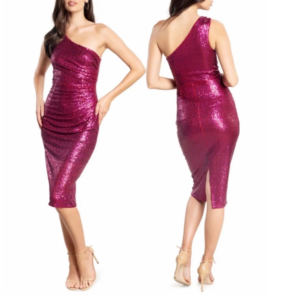 Dress The Population Fuchsia Martine Sequin One-Shoulder Dress Size Small